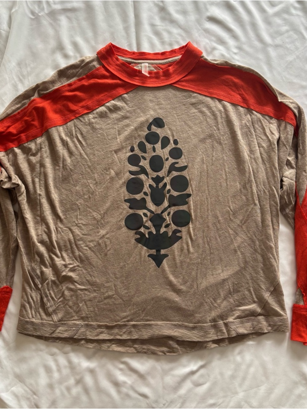 Free People Tan Raglan Long Sleeve Tee with Orange Shoulders